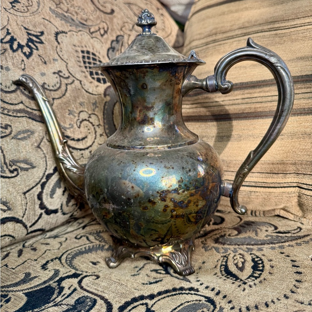 Hallmarked Antique Silver Serveware Teapot with Curved Spout and Hinged Lid